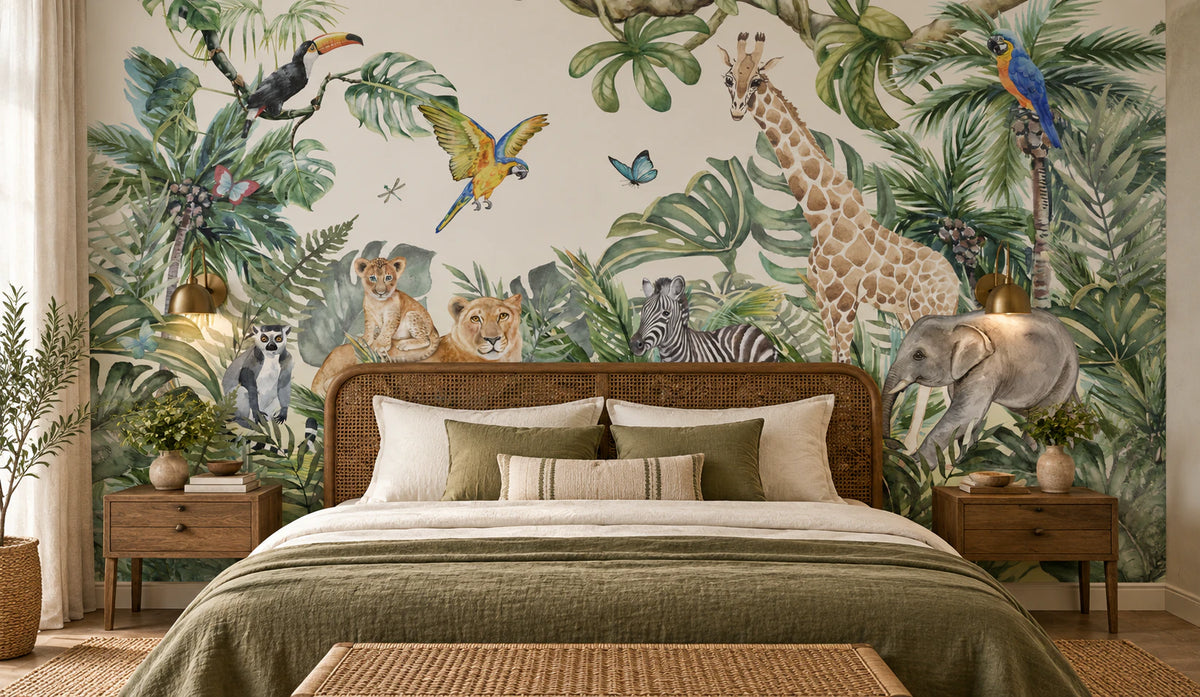 Papier peint panoramique lion perroquet et girafe - Tête de Lit