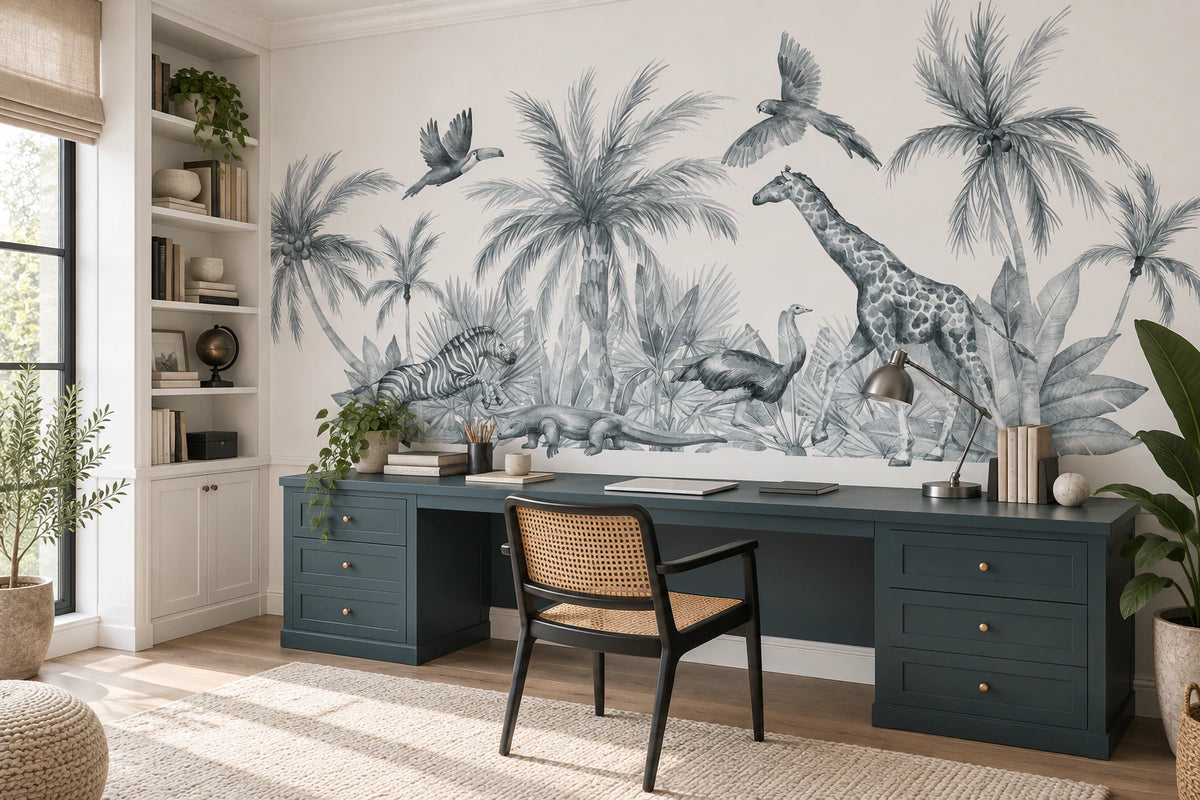 Papier peint panoramique faune sauvage noir et blanc - Bureau
