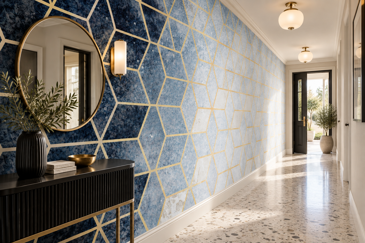 Mur d’accent habillé du papier peint Prisme Boréal dans un intérieur {interior_style}