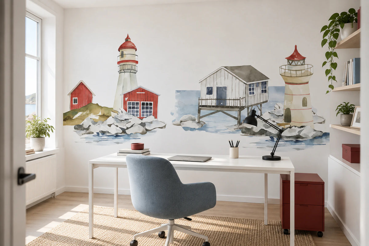 Fresque maritime Rivage des Balises dans un espace bureau familial