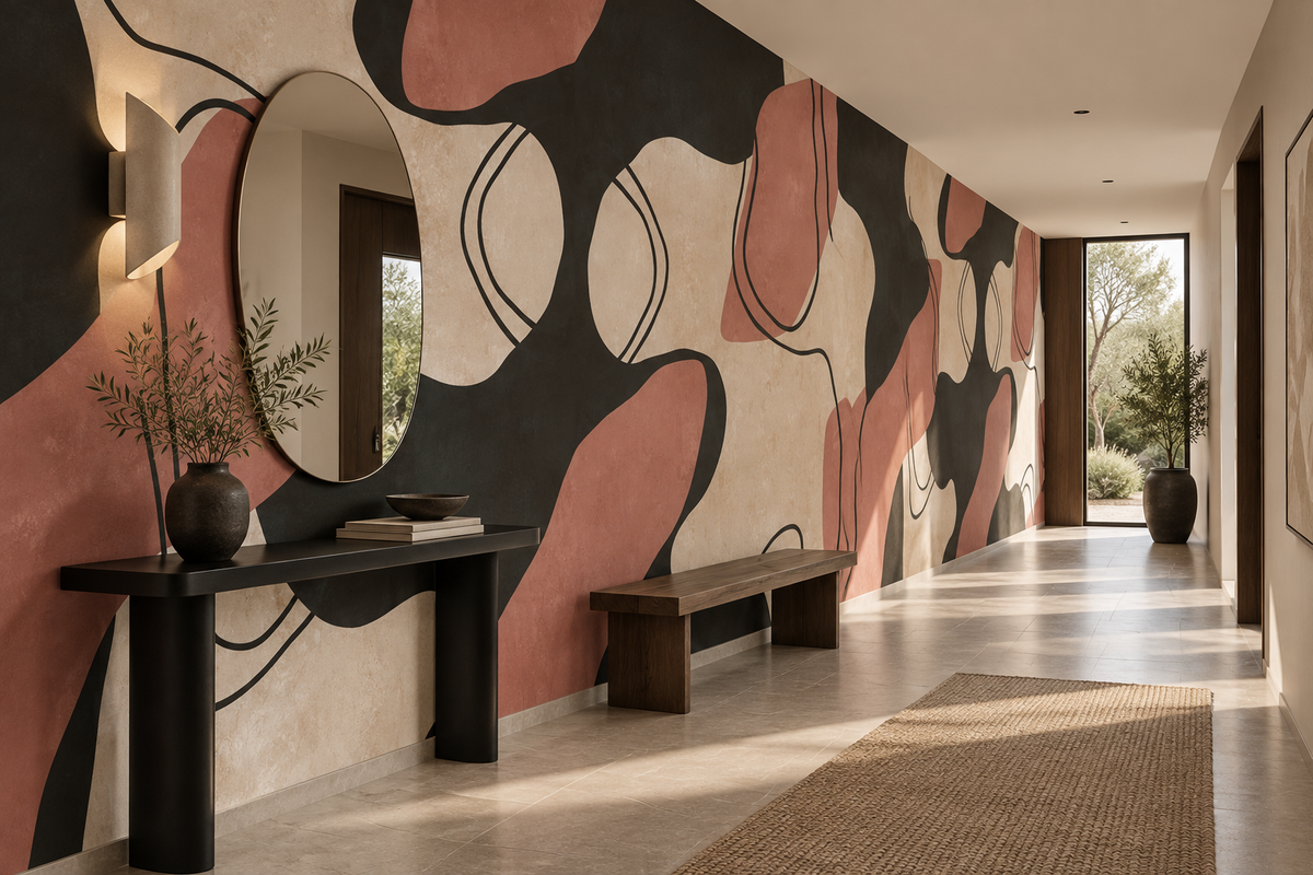 Papier peint marron beige noir Rivages Bruns dans une entrée contemporaine