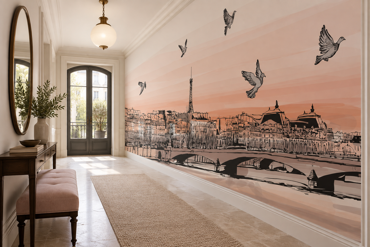 Fresque urbaine rose poudré Rive des Pigeons dans une entrée parisienne