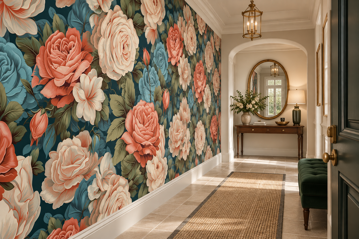 Papier peint panoramique Roses d’Écume dans une entrée design avec vue en profondeur