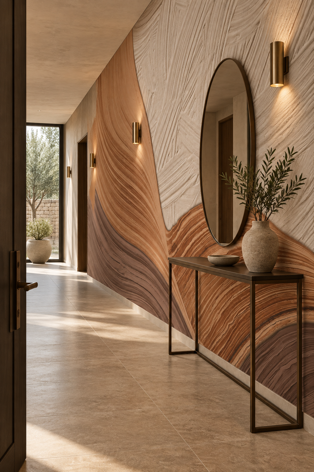 Papier peint panoramique Strates d’Argile dans une entrée architecturale aux détails terracotta