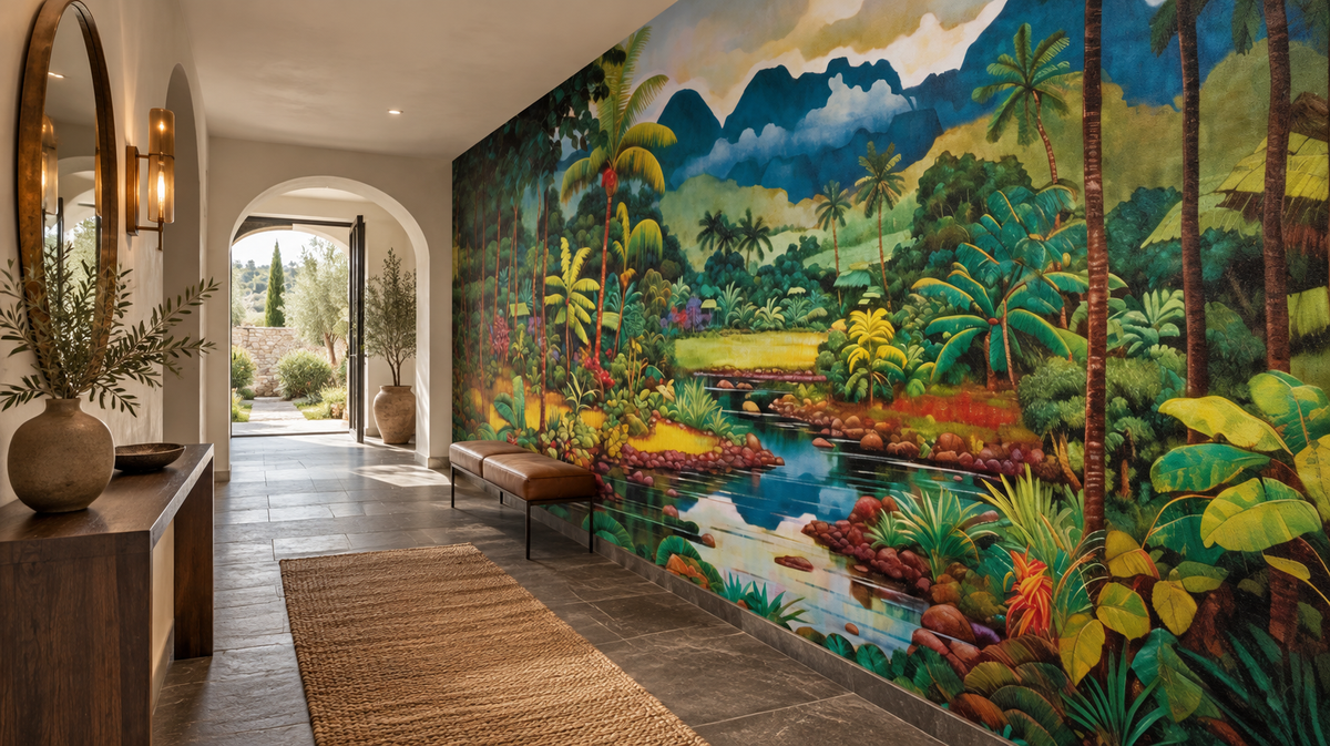 Fresque de jungle Vallée d’Émeraude dans une entrée design avec sol minéral
