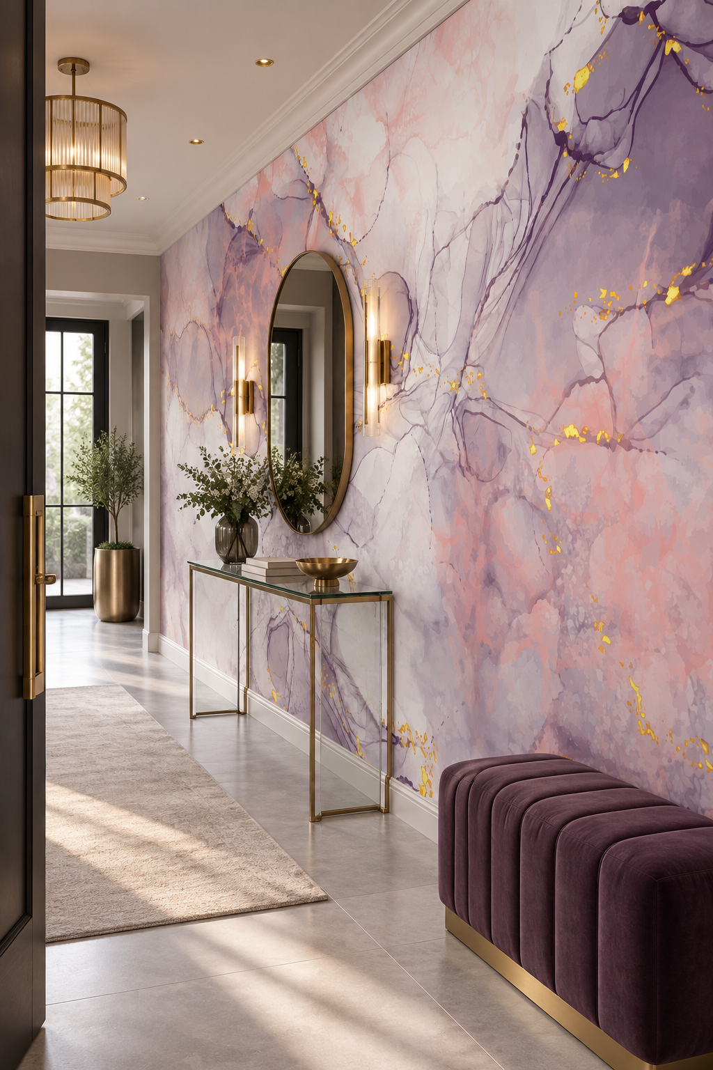 Papier peint panoramique Veines de Poudre dans une entrée design aux détails métalliques
