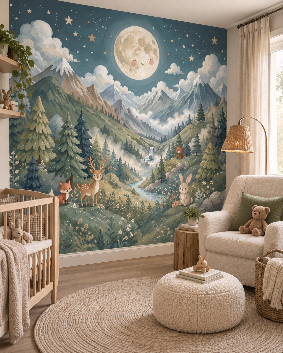 Papier peint enfant montagne et animaux Clair de Lune dans une chambre