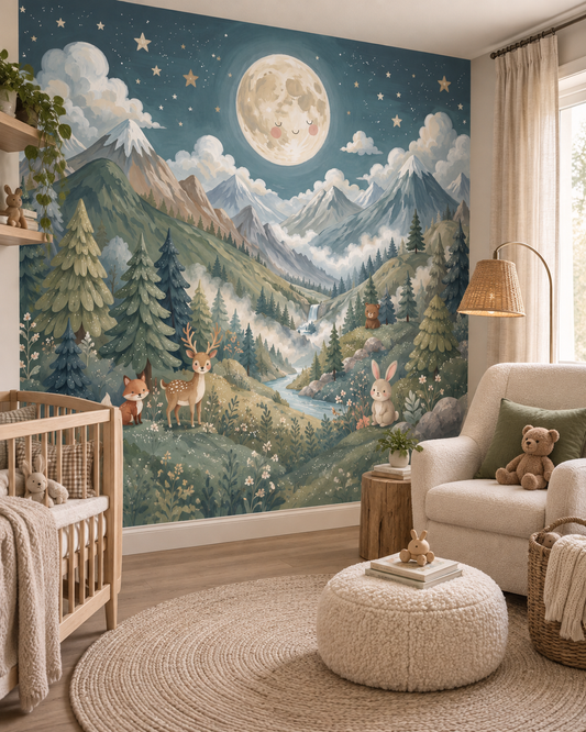 Papier peint enfant montagne et animaux Clair de Lune dans une chambre