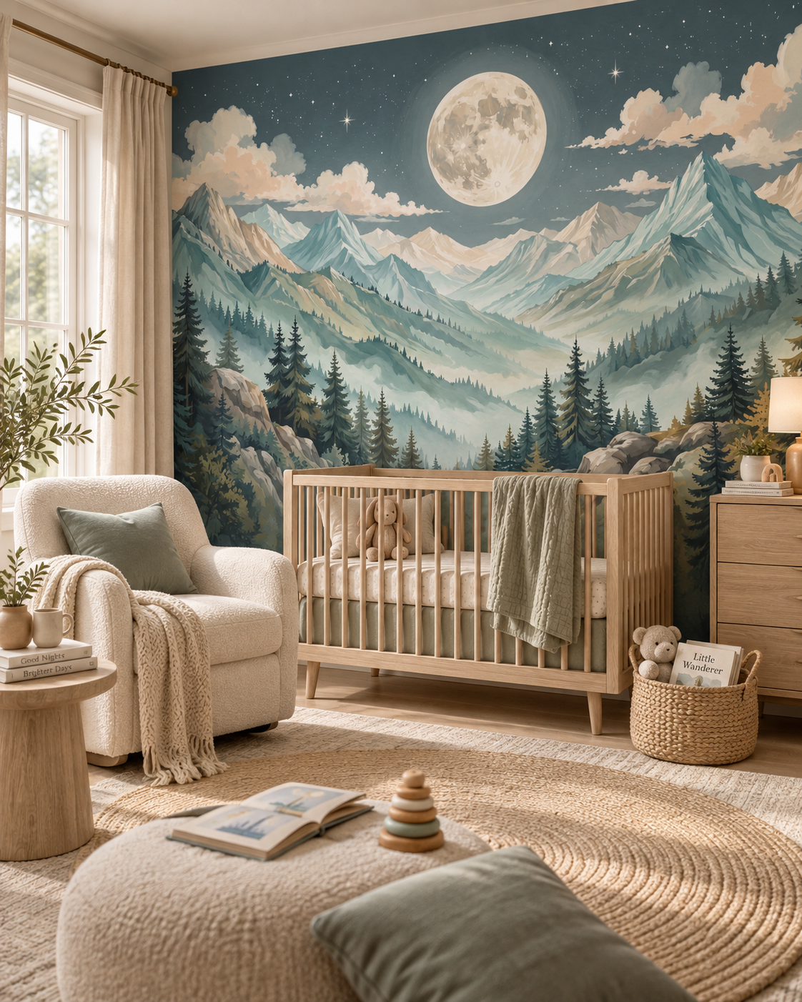 Papier peint montagne et forêt Lune des Sommets dans une chambre naturelle