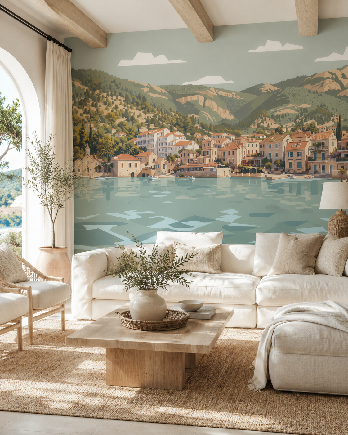 Salon lumineux avec papier peint panoramique Rivage de Vis représentant un village croate en bord de mer, dans des tons doux bleu d’eau, beige et terracotta.