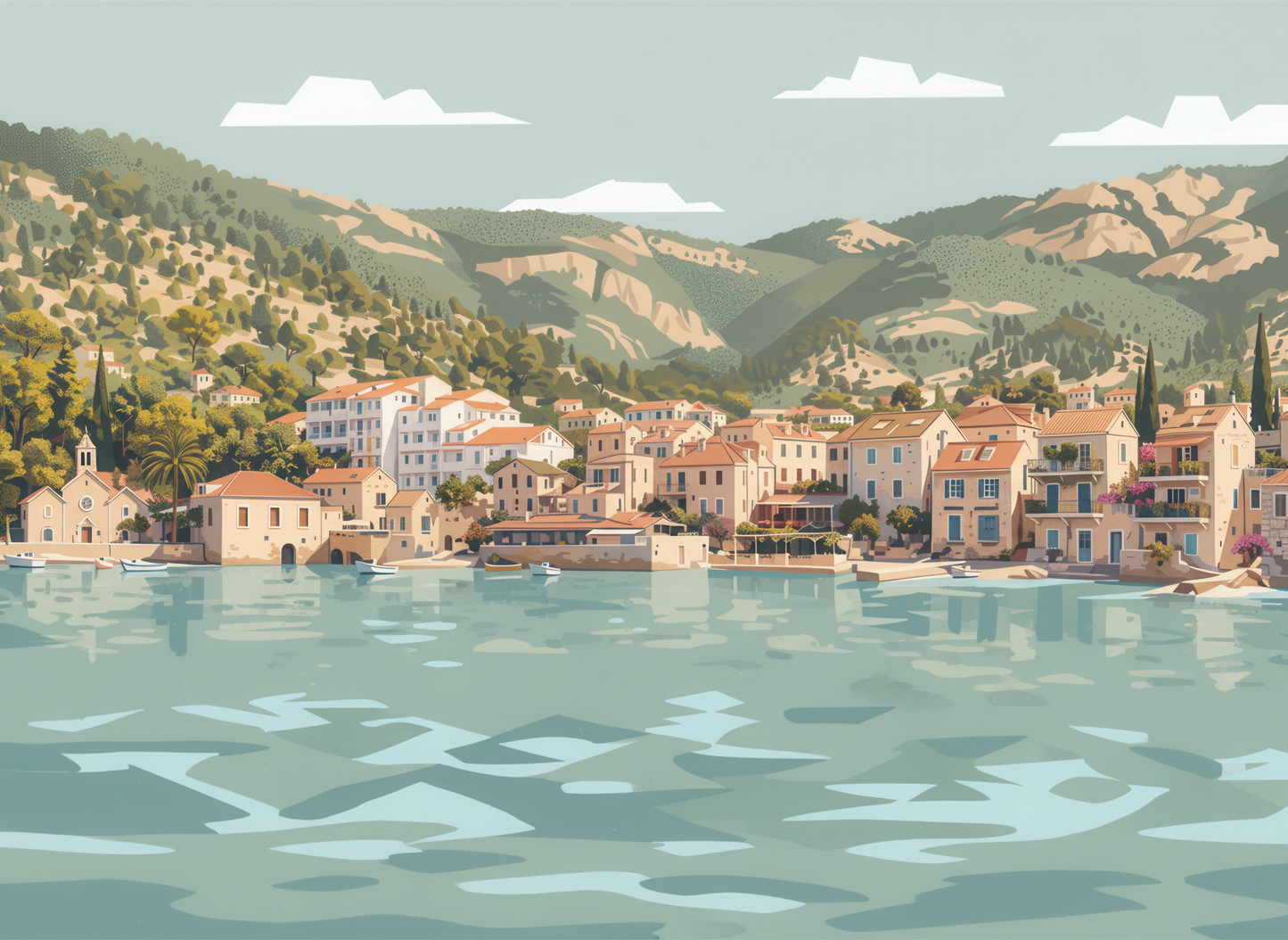 Papier peint panoramique Rivage de Vis illustrant un village croate en bord de mer avec eau calme, collines méditerranéennes et maisons aux tons doux.