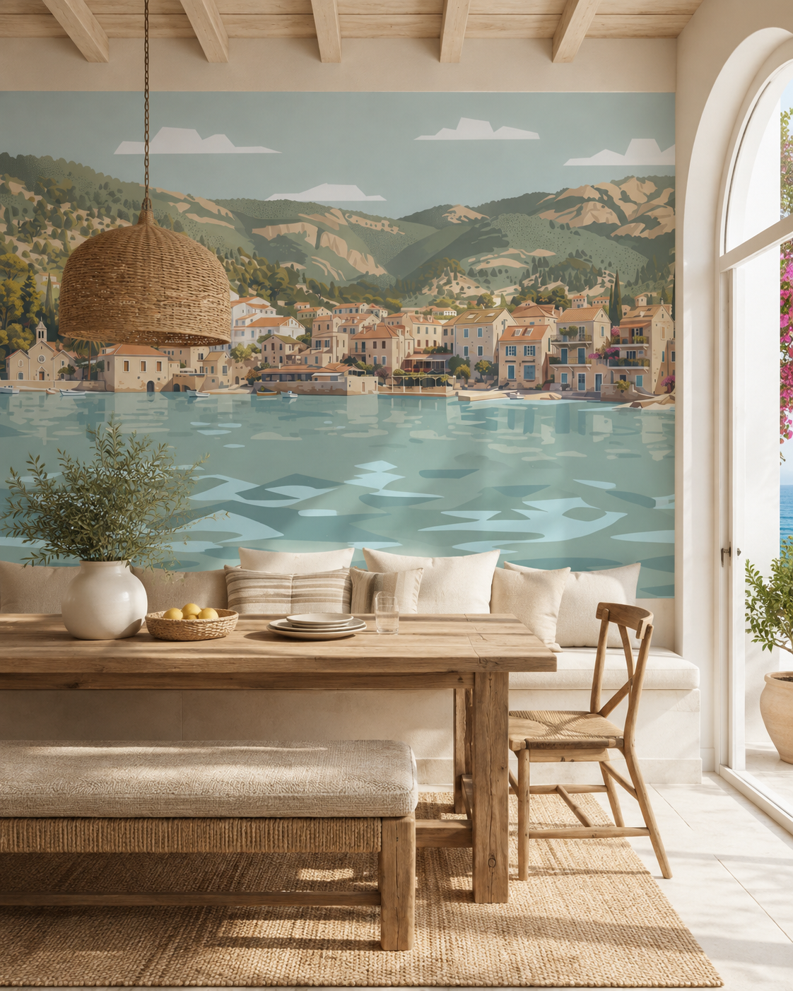 Salle à manger lumineuse avec papier peint panoramique Rivage de Vis représentant un village côtier méditerranéen au bord de l’eau.