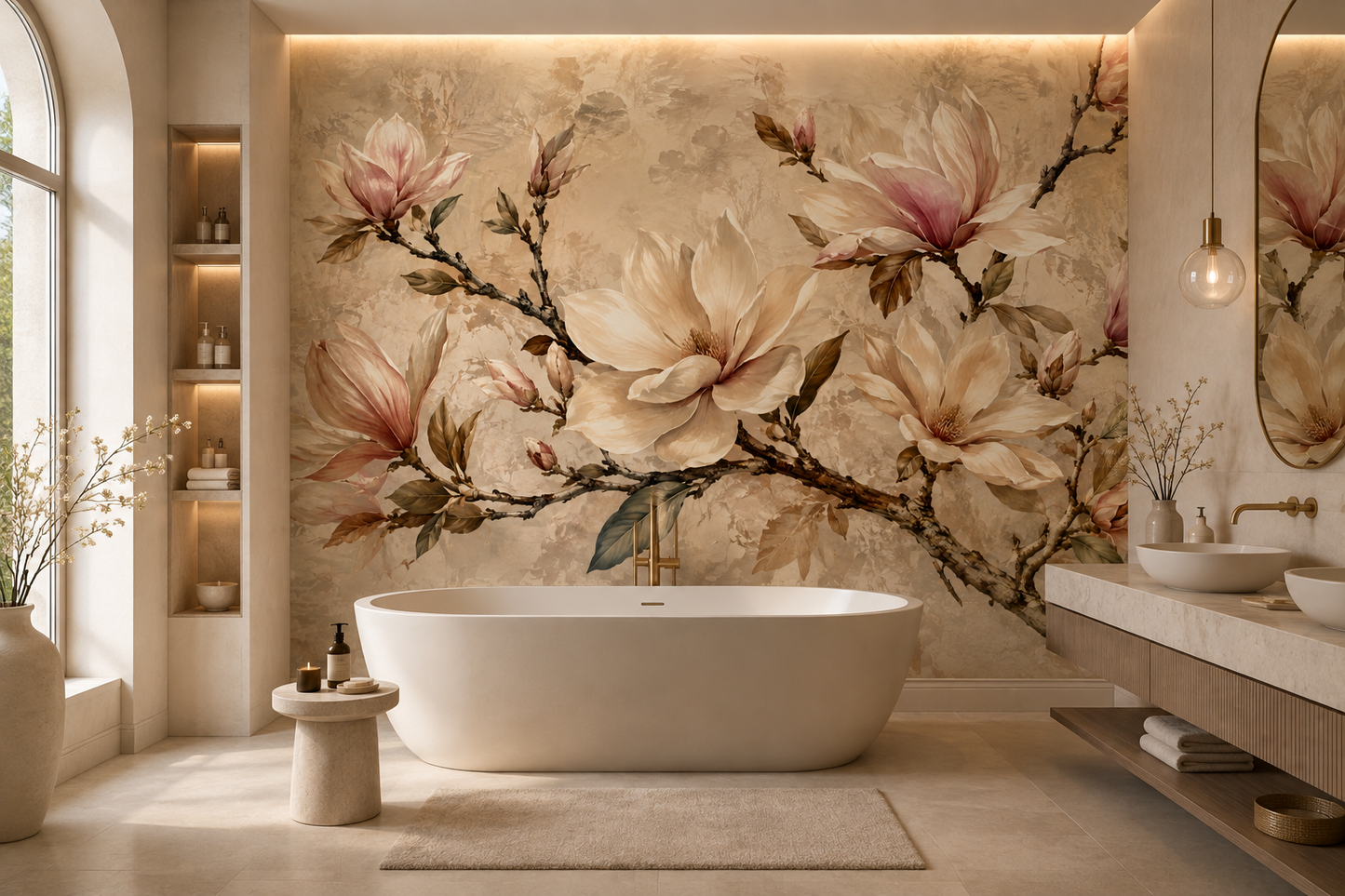 Papier peint panoramique floral Magnolias Poudrés beige et rose dans une salle de bain élégante avec baignoire