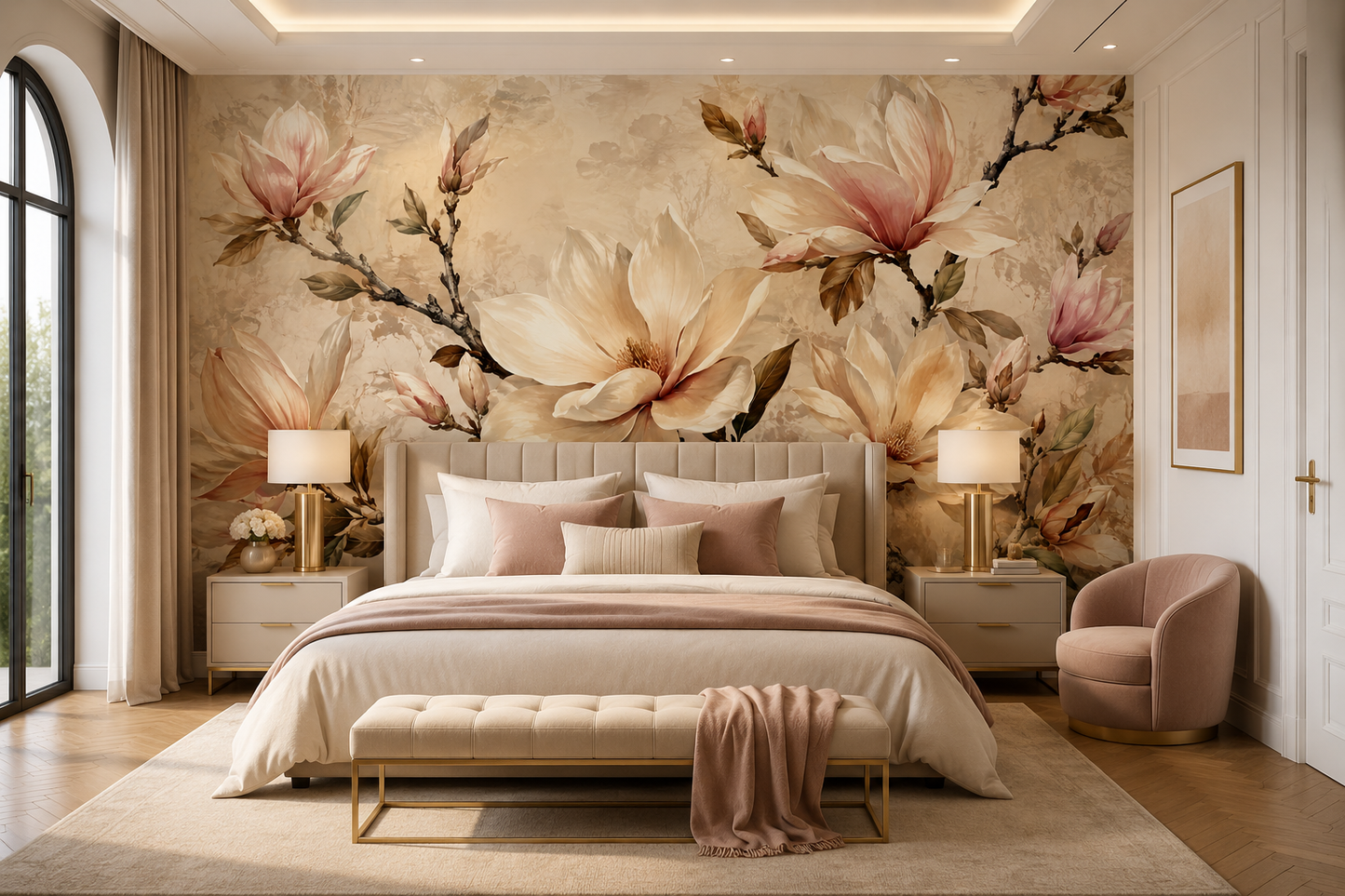 Papier peint panoramique Magnolias Poudrés beige et rose dans une chambre adulte élégante et raffinée