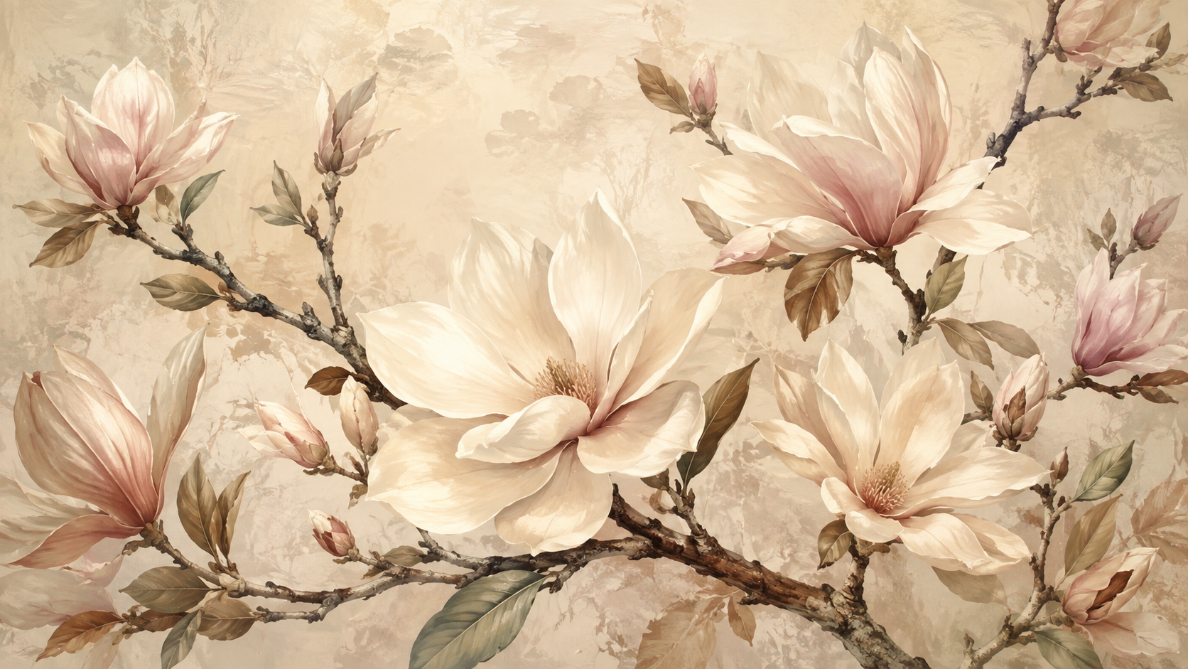 Papier peint panoramique Magnolias Poudrés aux grandes fleurs de magnolia beige, crème et rose poudré sur fond clair