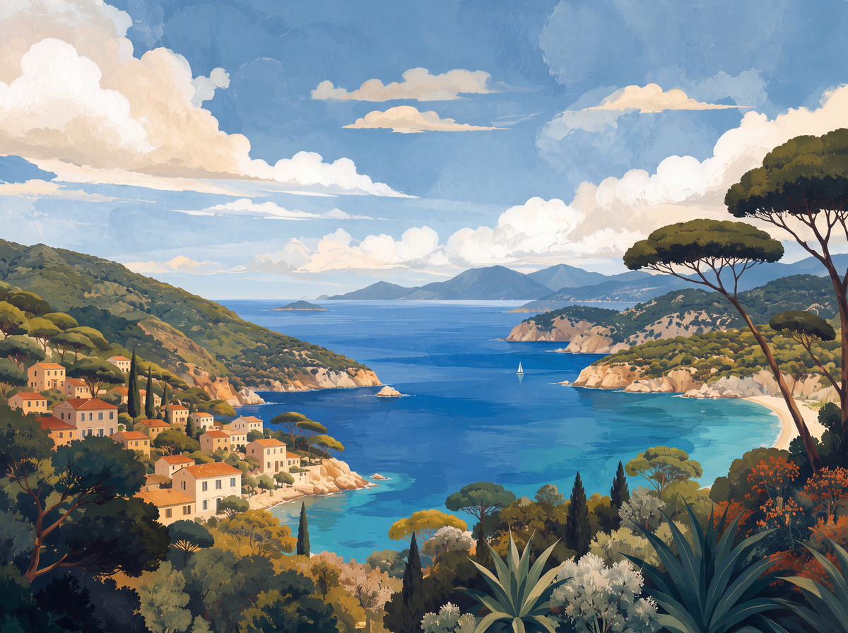 Papier peint panoramique Méditerranée Riviera avec mer turquoise, pins parasols et village côtier