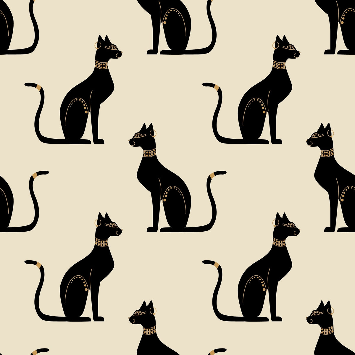 Motif répétitif de chats noirs inspirés de Bastet avec ornements brun doré sur fond beige