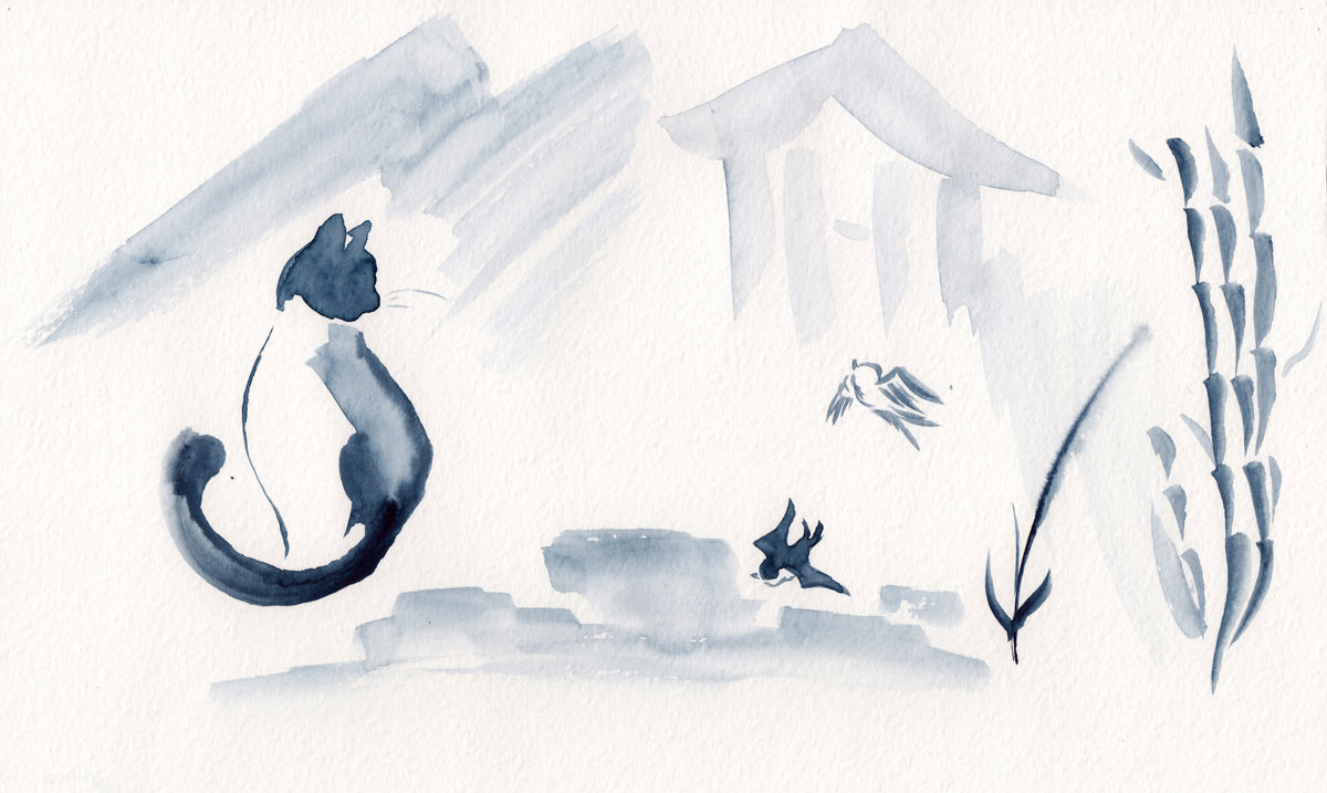 Illustration à l’aquarelle de deux chats bleu encre parmi des bambous sur fond blanc
