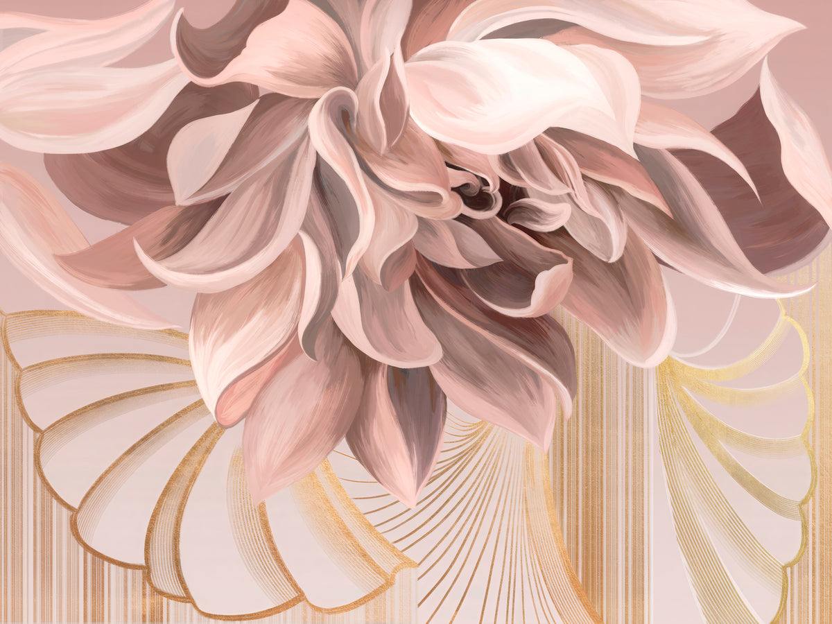 Papier peint panoramique floral abstrait beige et terracotta aux lignes dorées