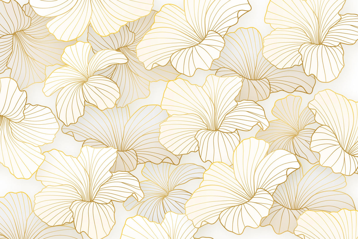 Papier peint panoramique de grandes feuilles en éventail aux nervures dorées sur fond ivoire