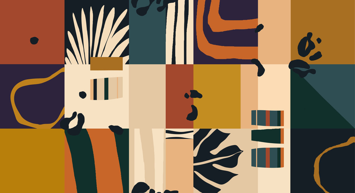 Composition abstraite en blocs beige, terracotta, marron et bleu avec feuillages graphiques