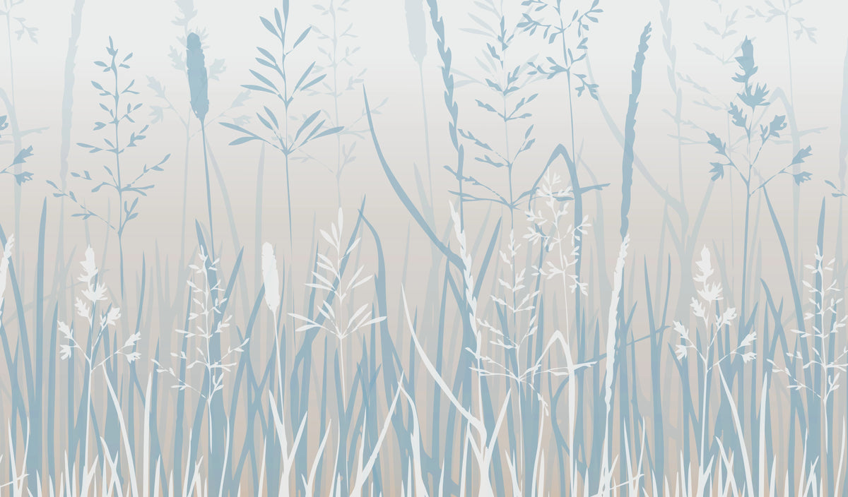 Illustration de hautes herbes et feuillages bleu grisé sur fond gris clair