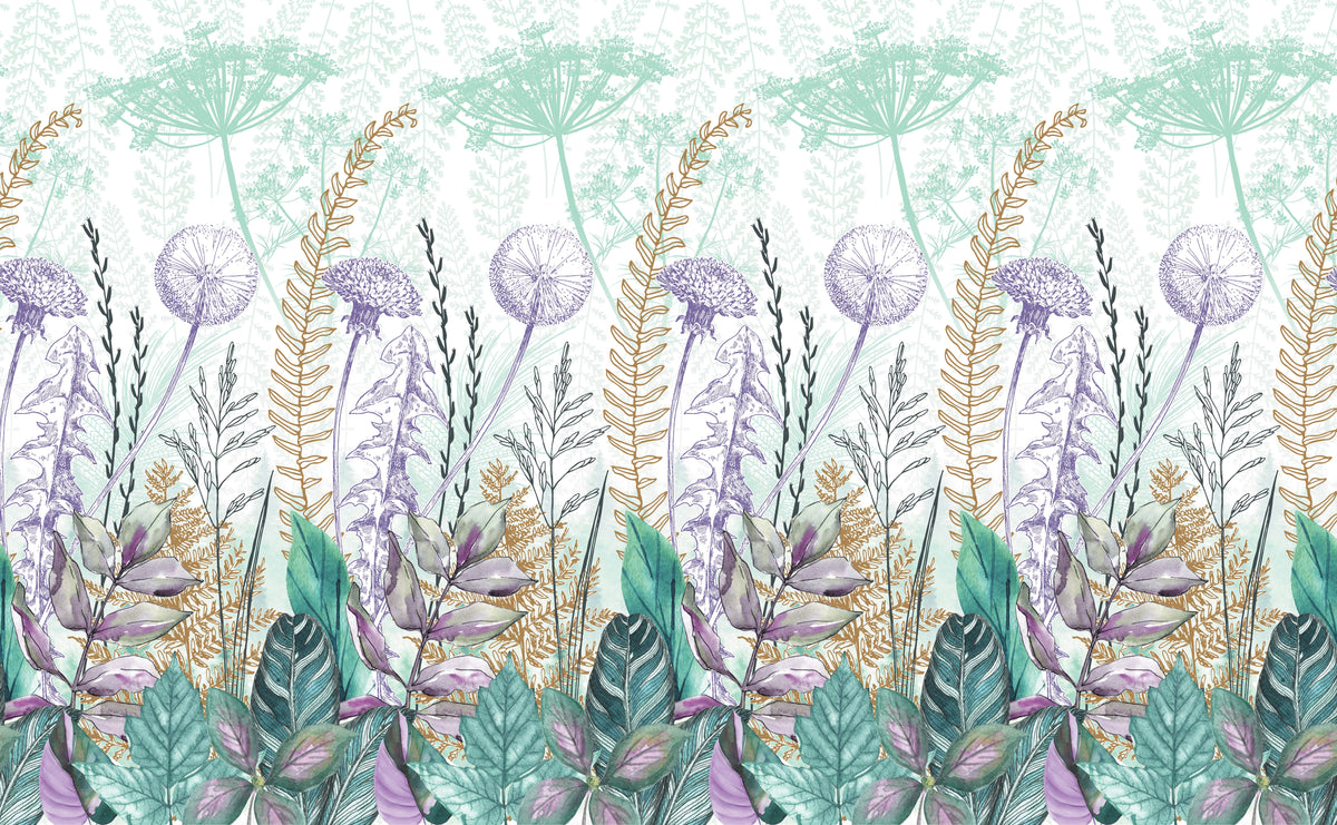 Papier peint botanique illustré avec ombelles, fleurs et feuillages verts sur fond blanc