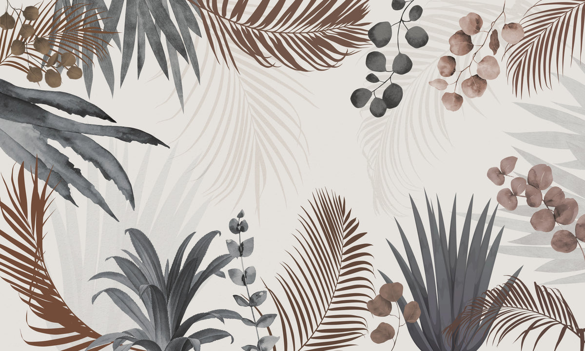 Illustration botanique de palmes et feuillages gris et bruns sur fond beige clair
