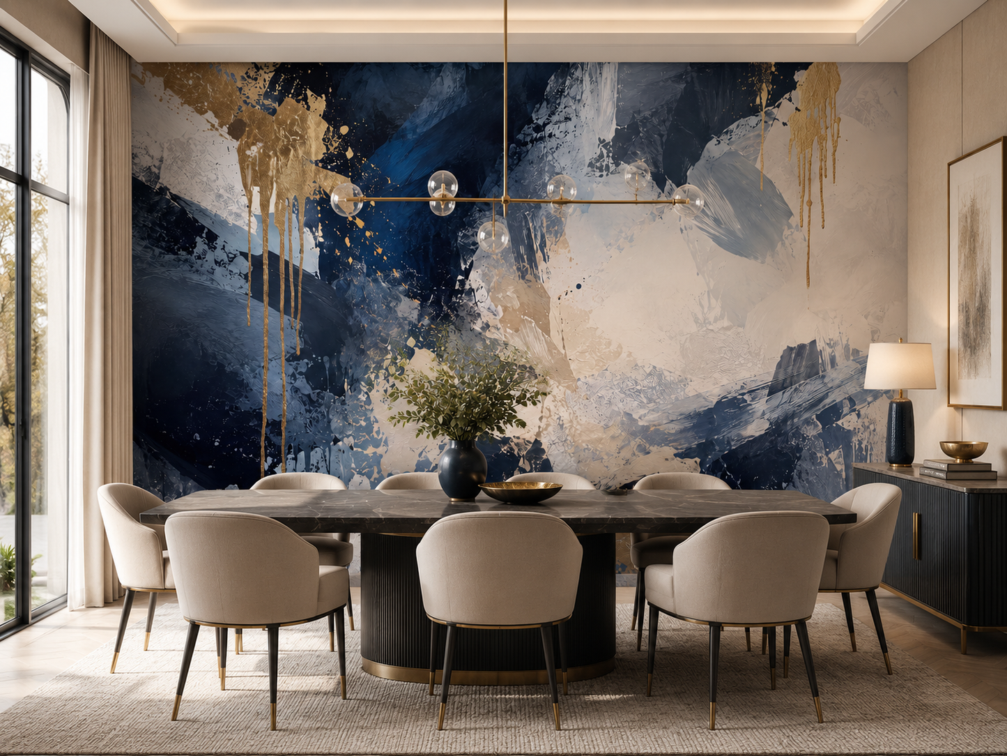 Papier peint panoramique abstrait bleu et or Tempête Minérale dans une salle à manger élégante
