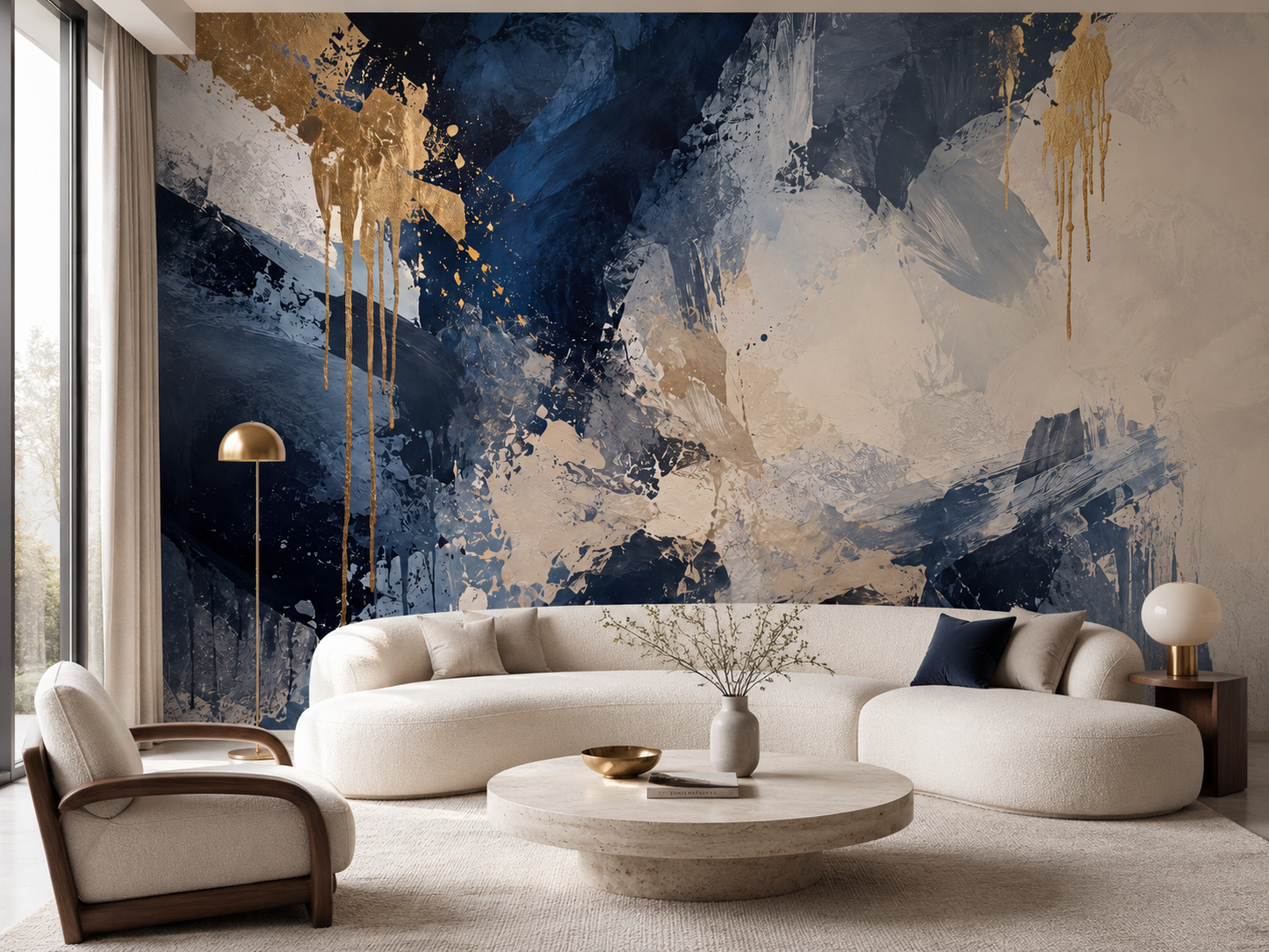 Papier peint abstrait bleu et or Tempête Minérale dans un salon contemporain