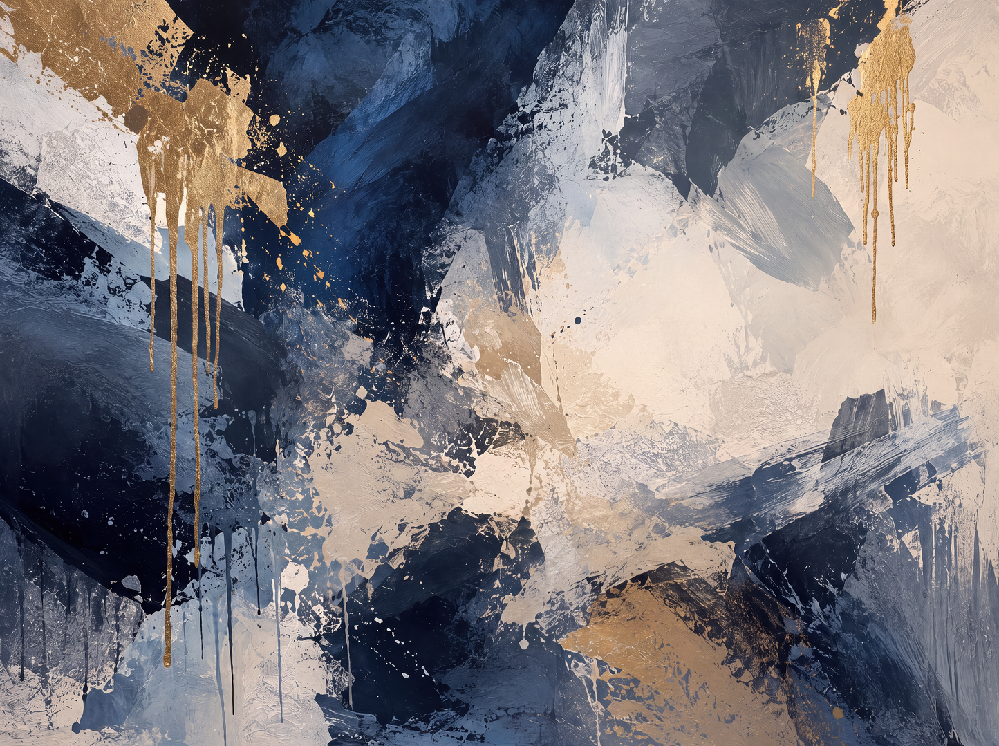 Papier peint abstrait Tempête Minérale bleu, beige, gris et or