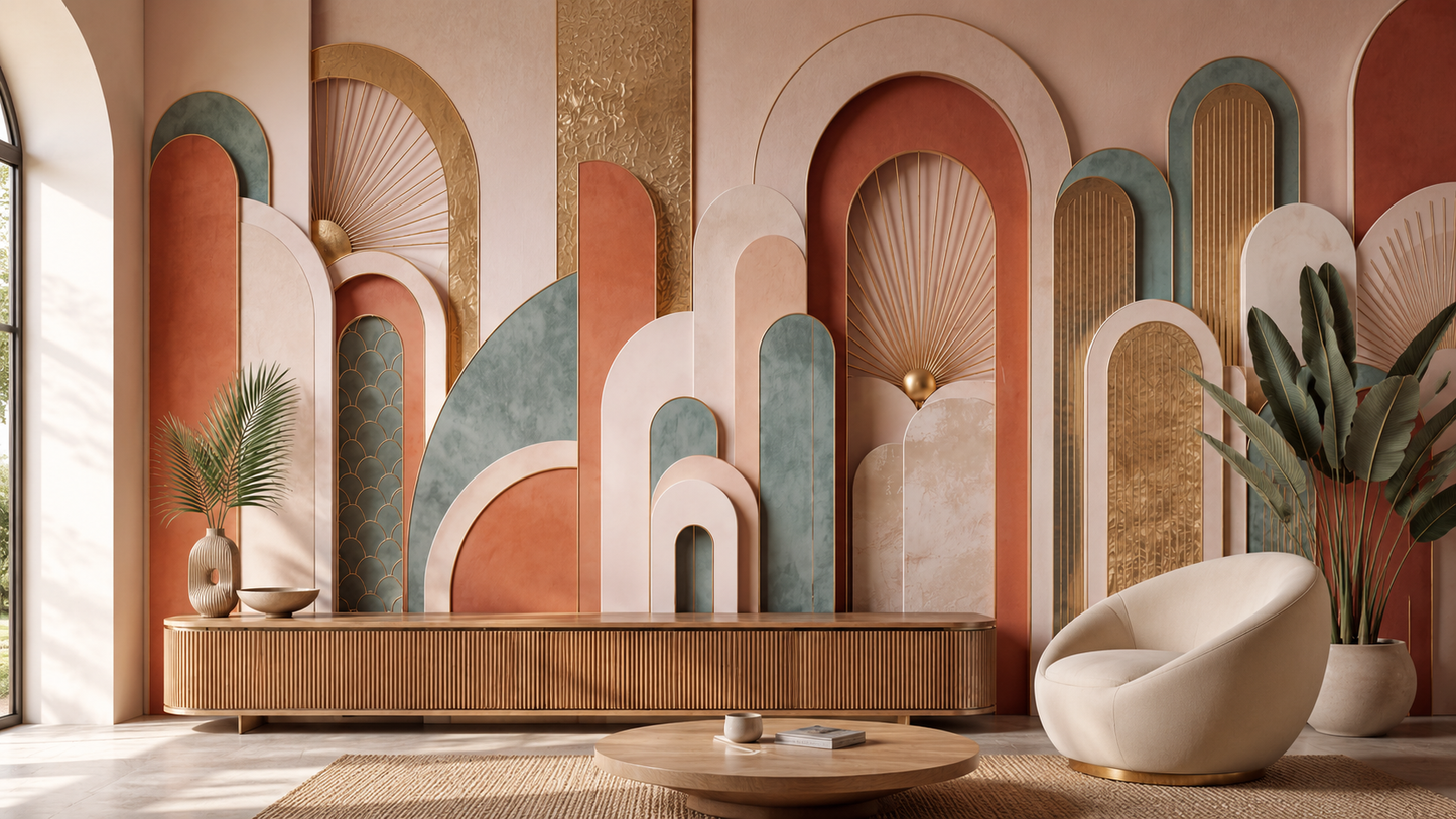 Salon avec papier peint panoramique Art déco aux arches terracotta et dorées