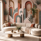 Papier peint Art déco terracotta Arches Dorées dans un salon contemporain beige