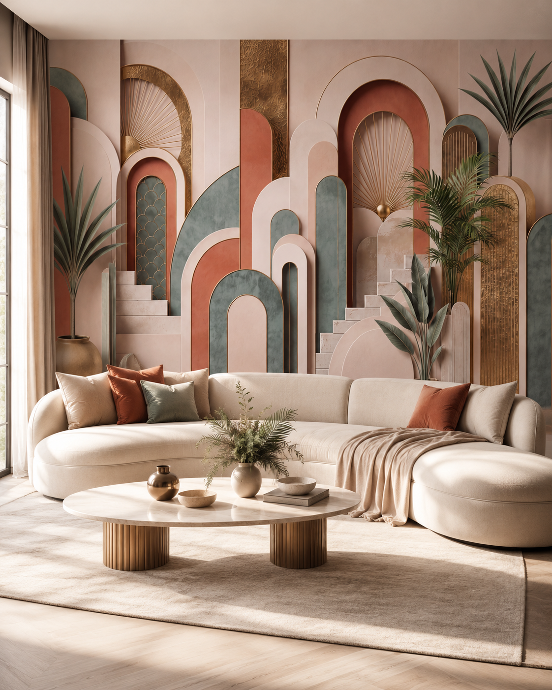 Papier peint Art déco terracotta Arches Dorées dans un salon contemporain beige