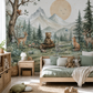 Chambre d’enfant décorée avec le papier peint panoramique Forêt des Songes représentant des animaux de la forêt, des montagnes et des sapins dans des tons doux et naturels.