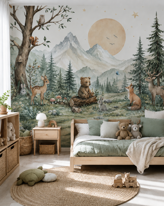 Chambre d’enfant décorée avec le papier peint panoramique Forêt des Songes représentant des animaux de la forêt, des montagnes et des sapins dans des tons doux et naturels.