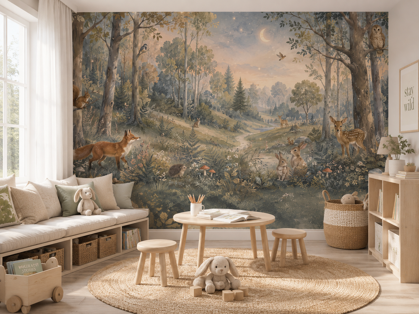 Papier peint animaux de la forêt Clairière Enchantée dans une salle de jeux enfant lumineuse