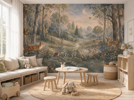 Papier peint animaux de la forêt Clairière Enchantée dans une salle de jeux enfant lumineuse