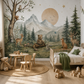 Décoration de chambre enfant avec papier peint panoramique Forêt des Songes illustrant un univers de forêt, montagne et animaux dans un style aquarelle doux.