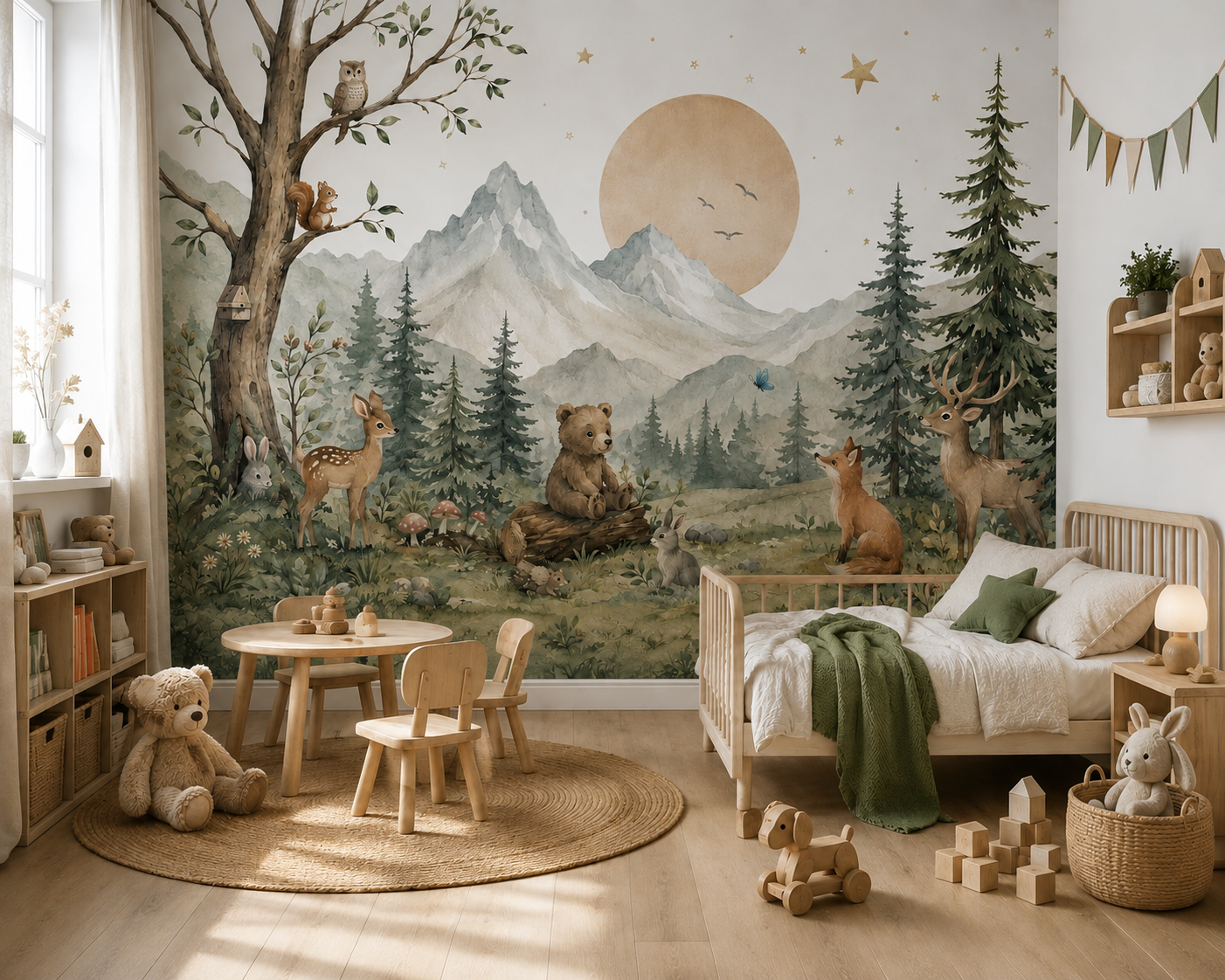 Décoration de chambre enfant avec papier peint panoramique Forêt des Songes illustrant un univers de forêt, montagne et animaux dans un style aquarelle doux.