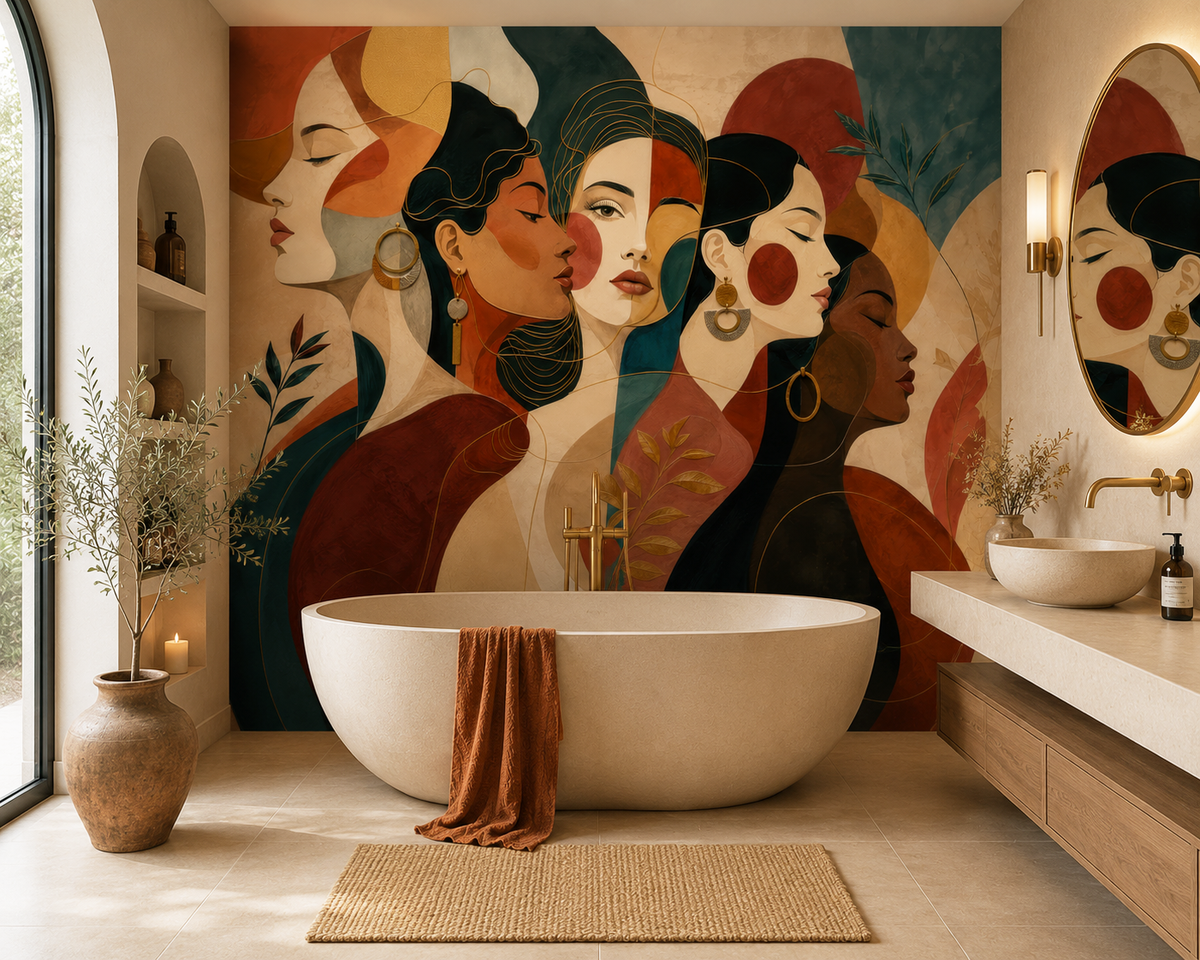 Salle de bain élégante avec baignoire et papier peint panoramique Éclat de Femmes aux portraits féminins abstraits terracotta et bleu canard.