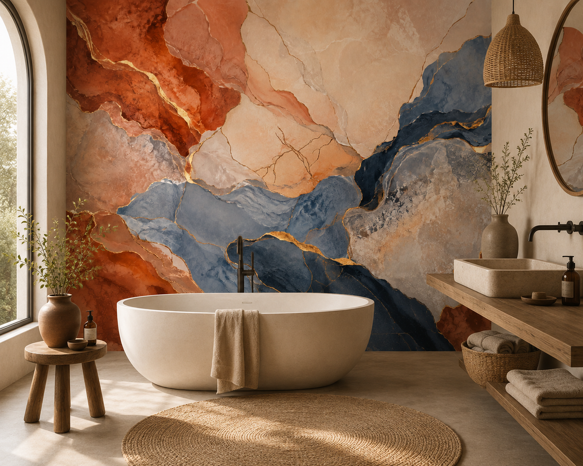 Salle de bain élégante avec baignoire et papier peint panoramique effet marbre terracotta, bleu et doré Éclat Minéral.