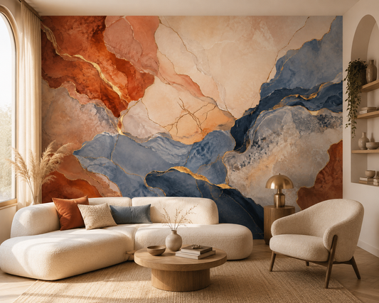 Salon contemporain avec papier peint panoramique Éclat Minéral effet marbre terracotta et bleu, canapé écru et décoration en bois.