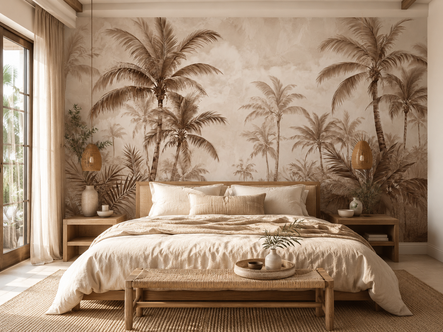 Papier peint panoramique palmier beige Palmeraie Sépia dans une chambre adulte lumineuse