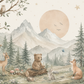 Papier peint panoramique Forêt des Songes avec animaux de la forêt, montagnes, sapins, soleil et paysage naturel dans des tons beige et vert sauge.