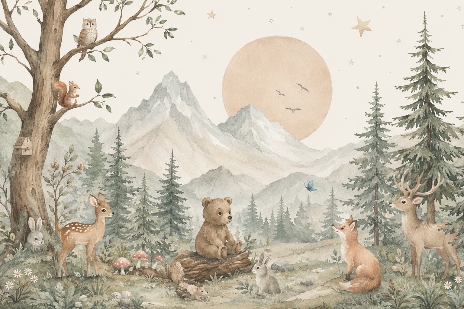 Papier peint panoramique Forêt des Songes avec animaux de la forêt, montagnes, sapins, soleil et paysage naturel dans des tons beige et vert sauge.