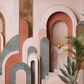 Papier peint panoramique Art déco Arches Dorées terracotta beige vert sauge et doré