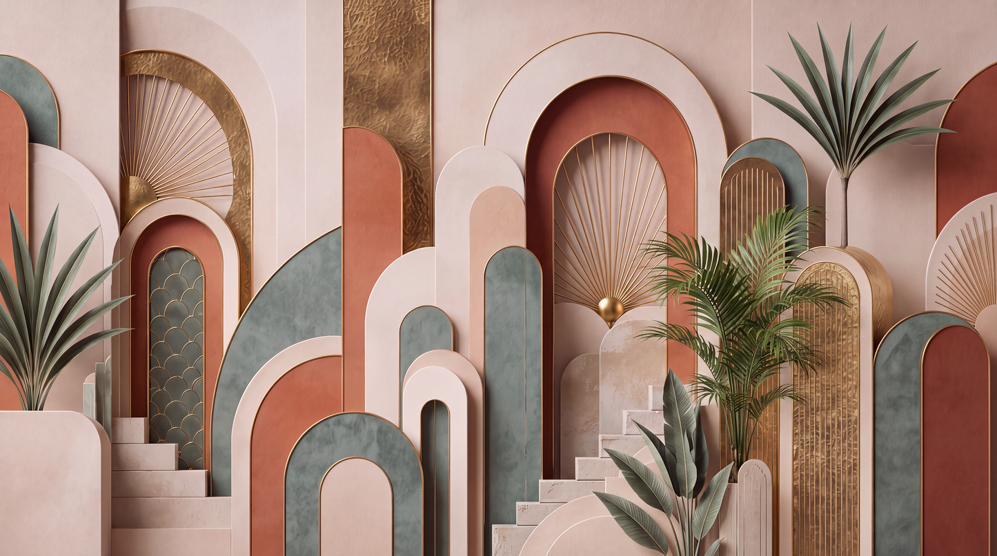 Papier peint panoramique Art déco Arches Dorées terracotta beige vert sauge et doré