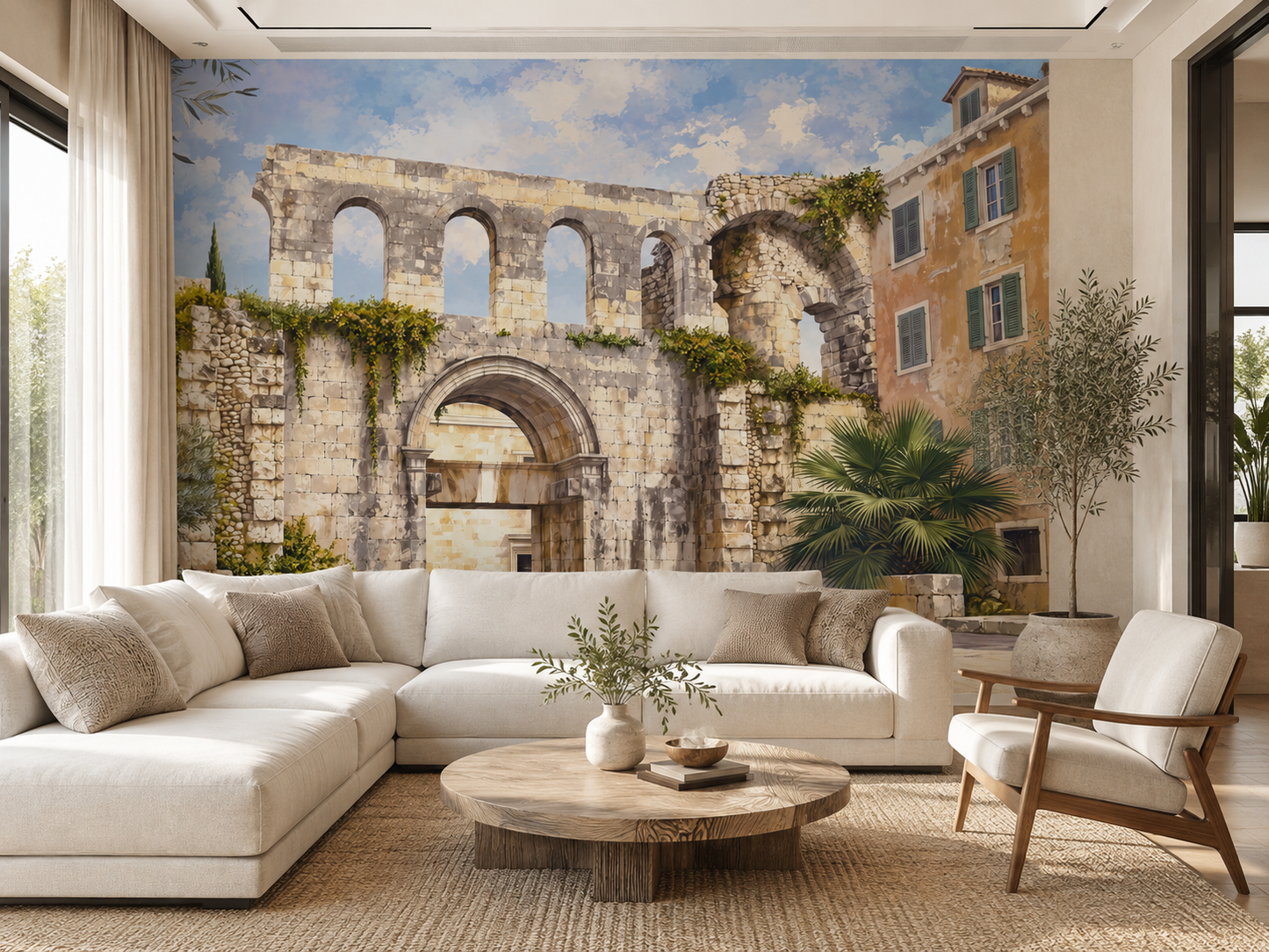 Papier peint panoramique méditerranéen Vestiges de Dalmatie installé dans un salon contemporain