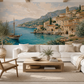 Papier peint panoramique Échappée Méditerranéenne avec village côtier et mer turquoise dans un salon lumineux